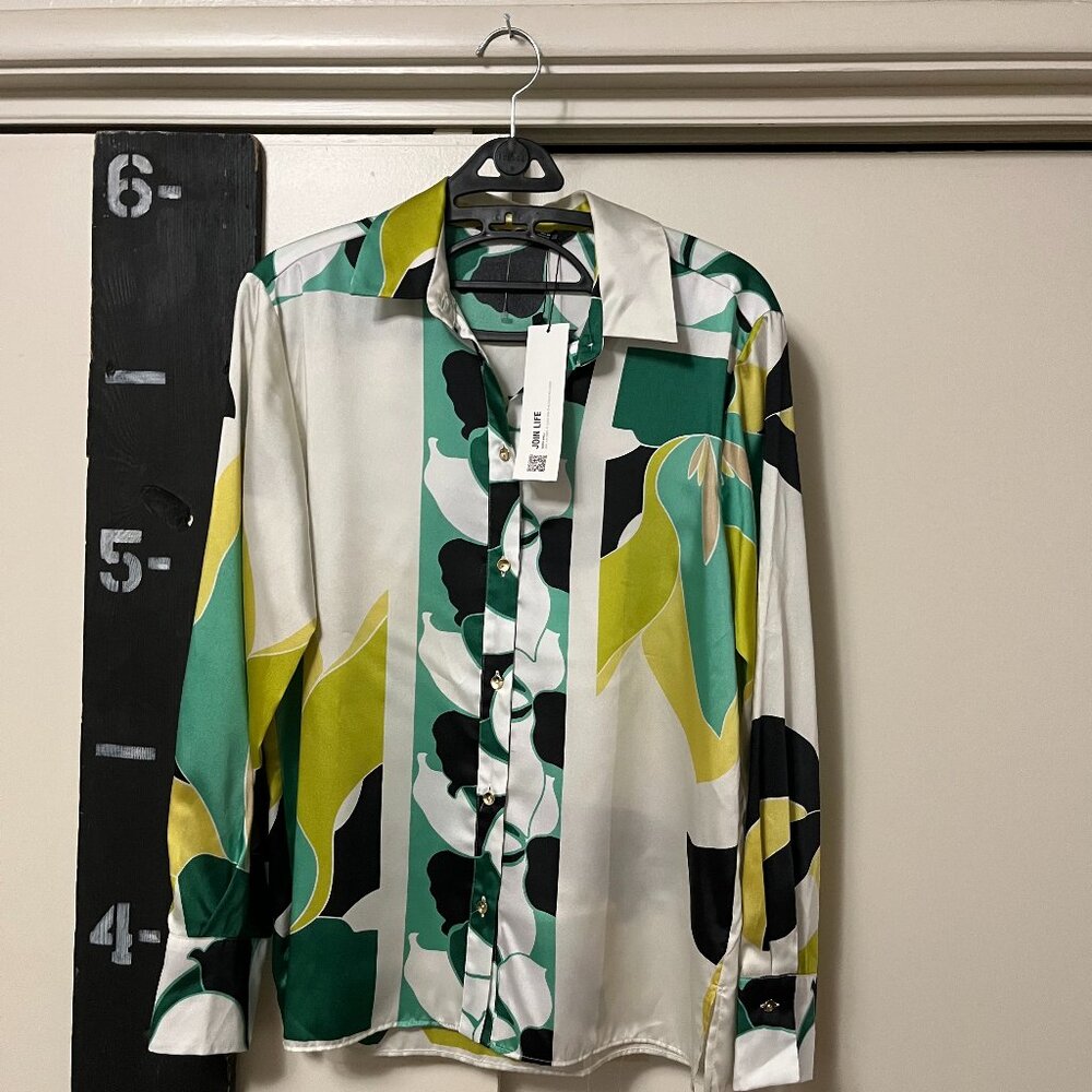 Zara Satin Button Down Long Sleeve Printed Blouse XS NWT Green Cream Black